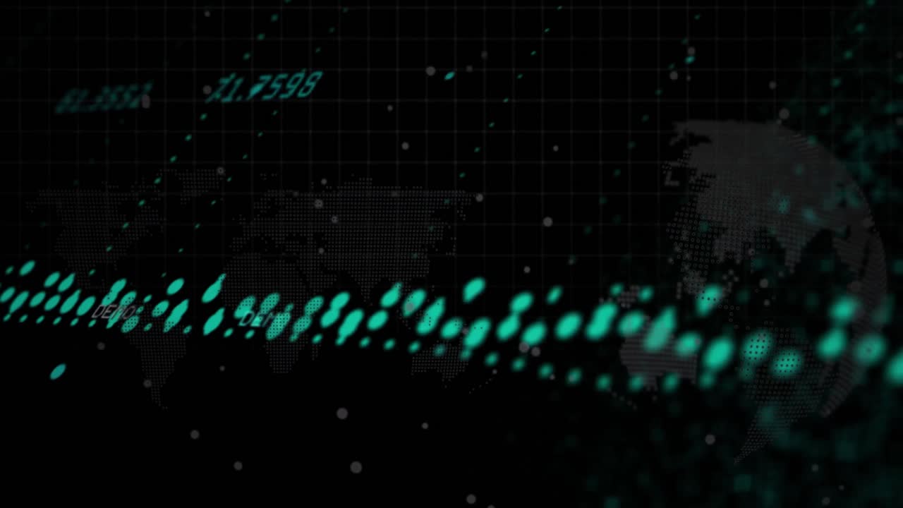 animación digital del procesamiento de datos sobre el mapa del mundo y el globo giratorio contra un fondo negro