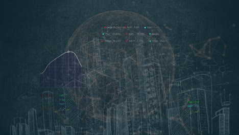 Animation-Der-Finanzdatenverarbeitung-Und-Globus-über-Dem-Stadtbild