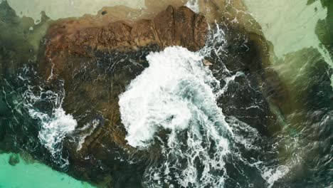 top down view of beautiful rocks with ocean waves crashing over them, bird flying through frame, aerial