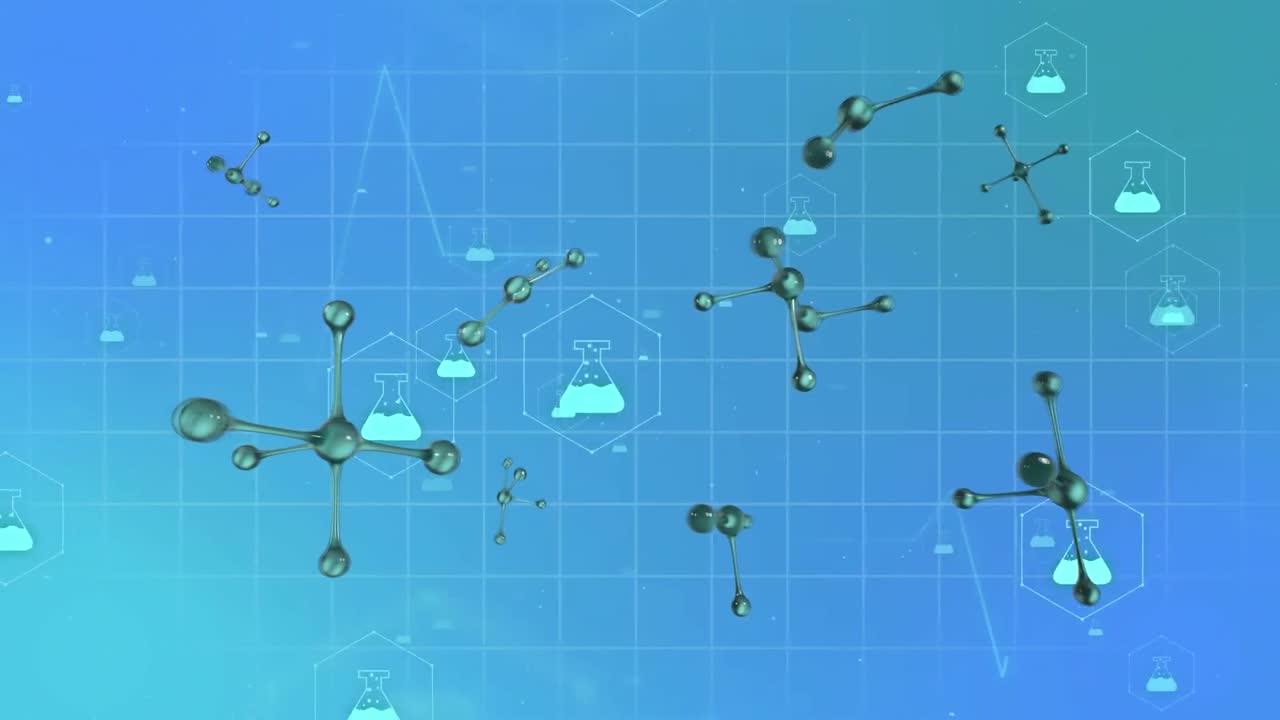 Animation of 3d micro of molecules and chemistry icons on blue background