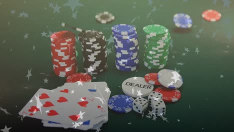 animation of white stars falling over poker chips, playing cards and dice on gambling table