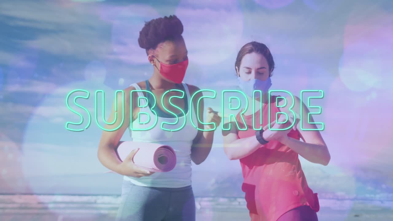 Animation of subscribe neon text over diverse women in face mask exercising