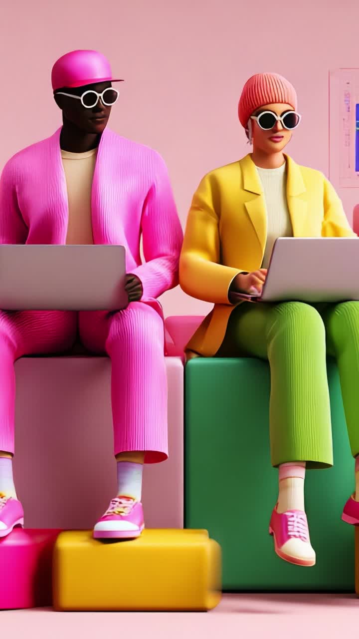 Stylish Characters Engaged in Digital Work, Exhibiting Contemporary Fashion Trends and a Colorful, Vibrant Aesthetic in an Artistic Design Environment