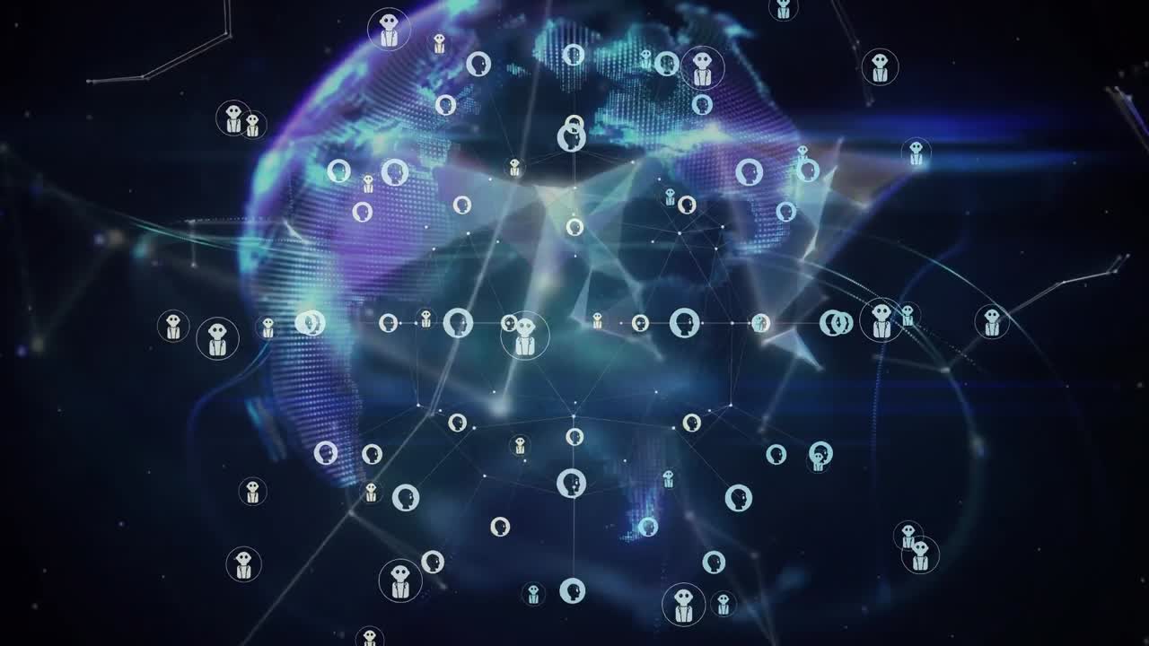 animación de la red de iconos de perfil sobre el globo de redes de plexo girando contra un fondo azul