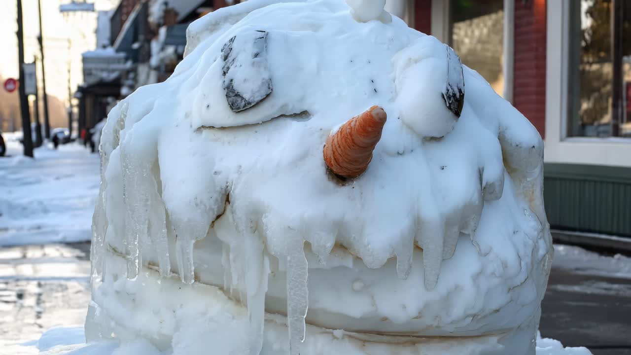 Winter snowman gradually melting on urban sidewalk, revealing detailed dripping transformation against cold street backdrop with surrounding snow and ice