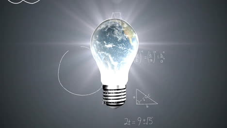 animation of glowing light bulb with mathematical equations in school setting