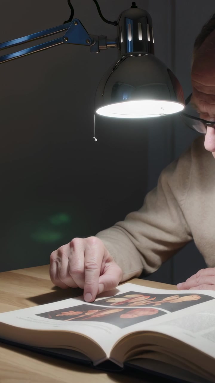 Vertikales Video: Sich lehnender Mann in beigem Pullover mit Brille studiert Pauszeichnung, blättert Buchseiten um am Schreibtisch unter einer Lampe.