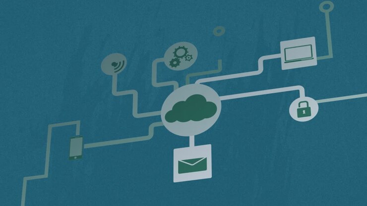Animation of network of connections with icons and cloud on blue background