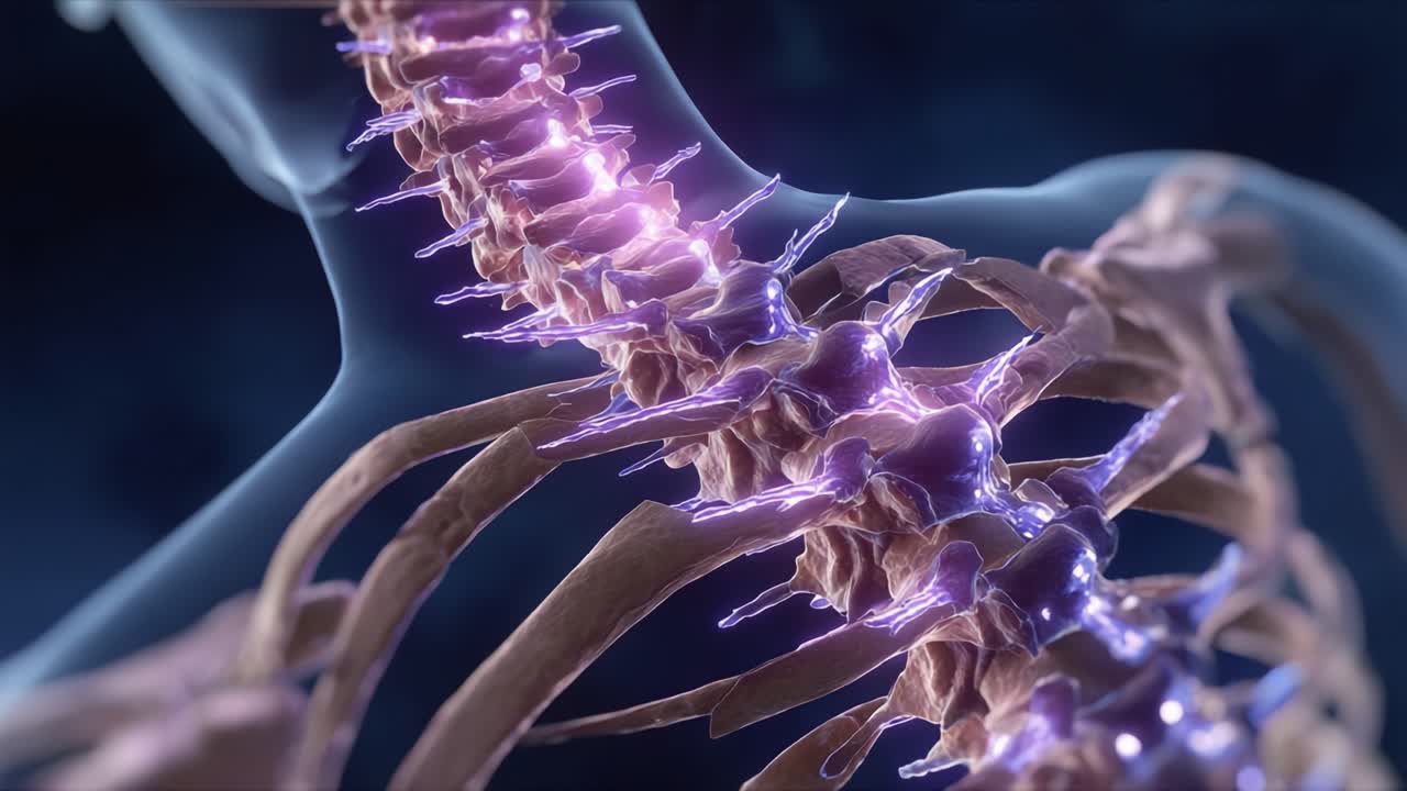 A detailed visualization showcasing the human spine's intricate structure, including vertebrae and surrounding tissues illuminated with a glowing effect, emphasizing its biological significance