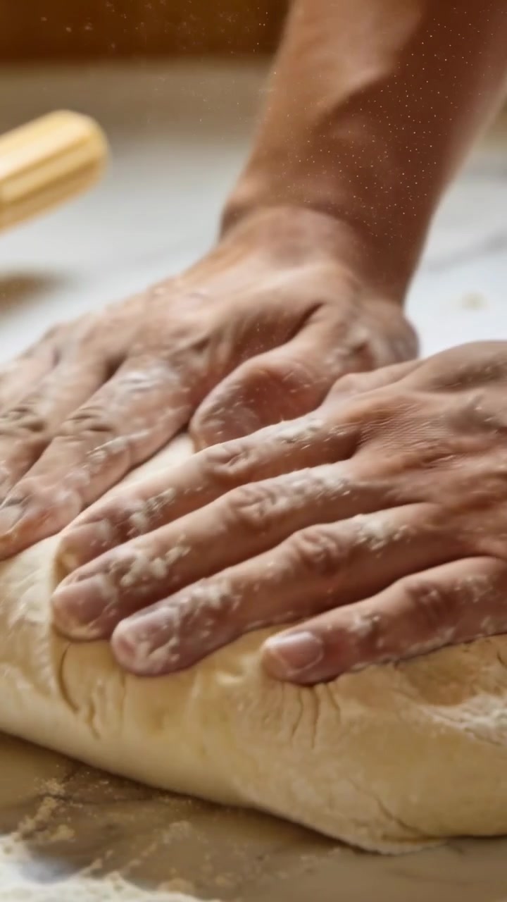Vertical video: Initial pressing bare-armed hands folding and turning dough on counter, rolling pin