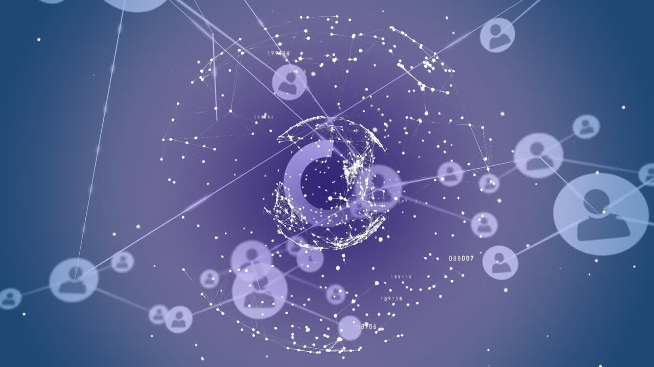 파란색 배경에 아이콘과 모양을 가진 연결 네트워크의 애니메이션