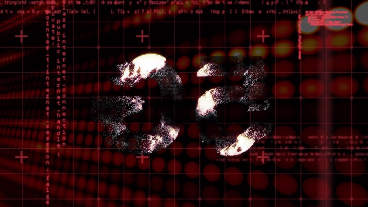 Digital animation of 5g text rotating against programming language and grid patter