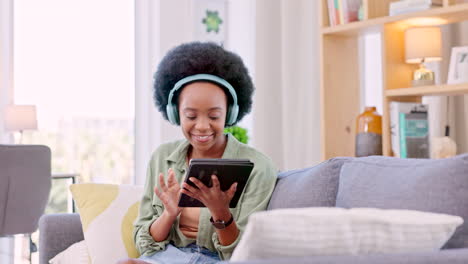 Happy,-smiling-and-African-woman-browsing