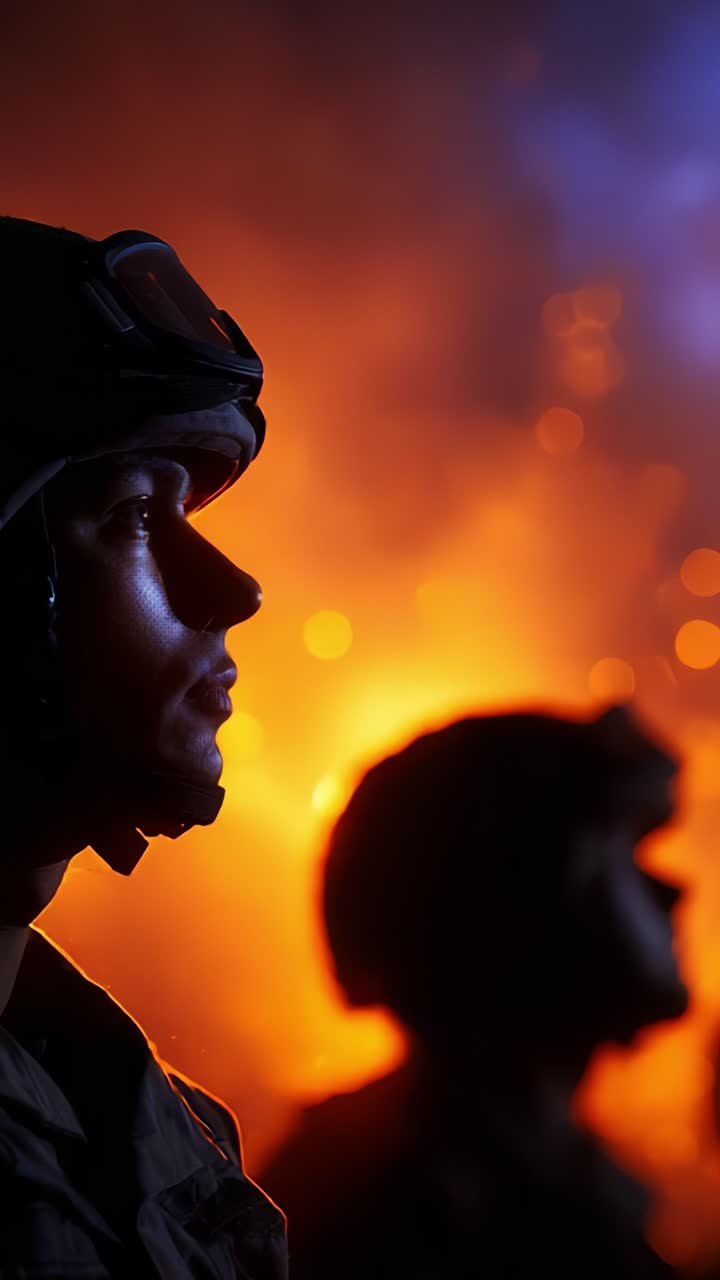 A Soldier's Vigil: Silhouettes Against an Explosive Background Highlighting Resilience and Composure in the Face of Chaos and Uncertainty Amidst Battle Tensions