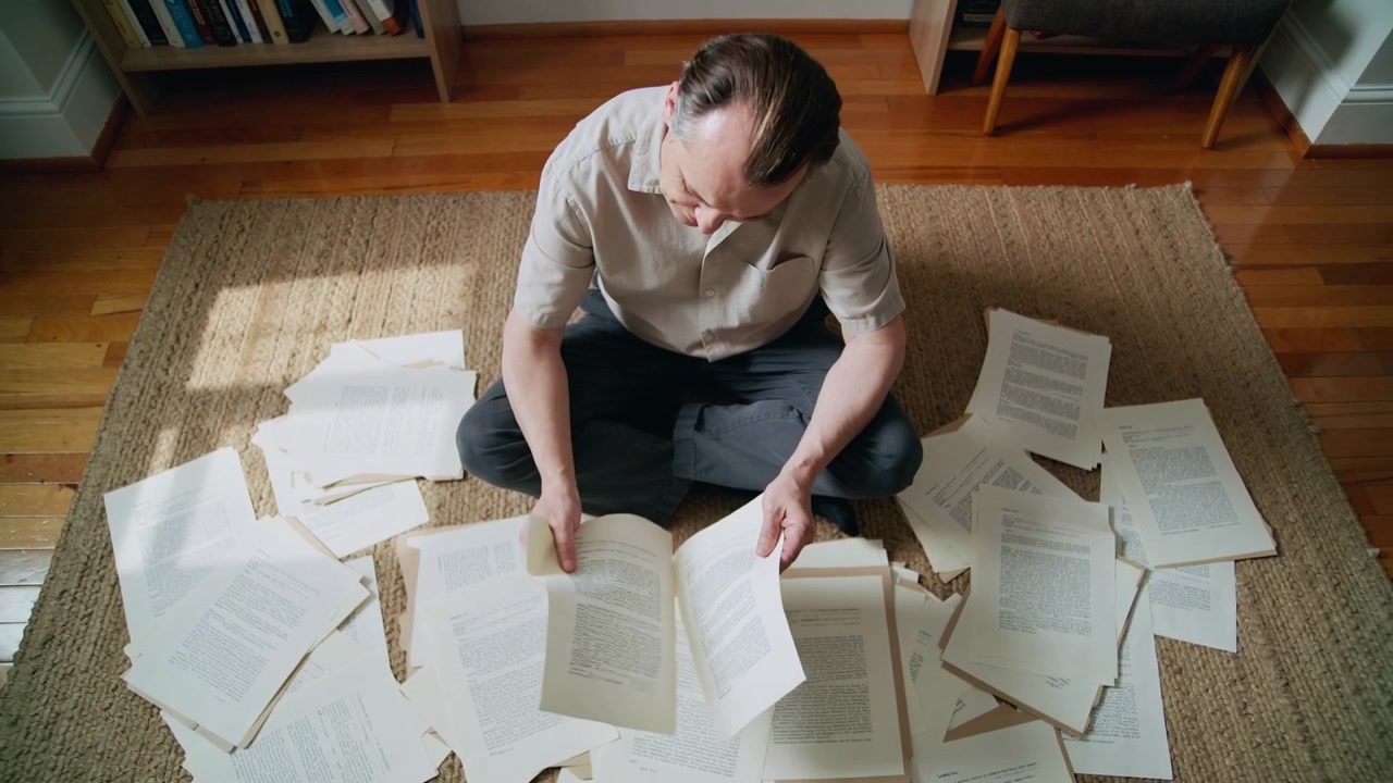 Finding fanned pages, man in short sleeves flipping pages and organizing papers in home study