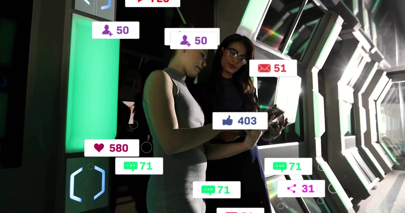 Businesswomen Using Tablet and Laptop with Social Media Analytics Overlay