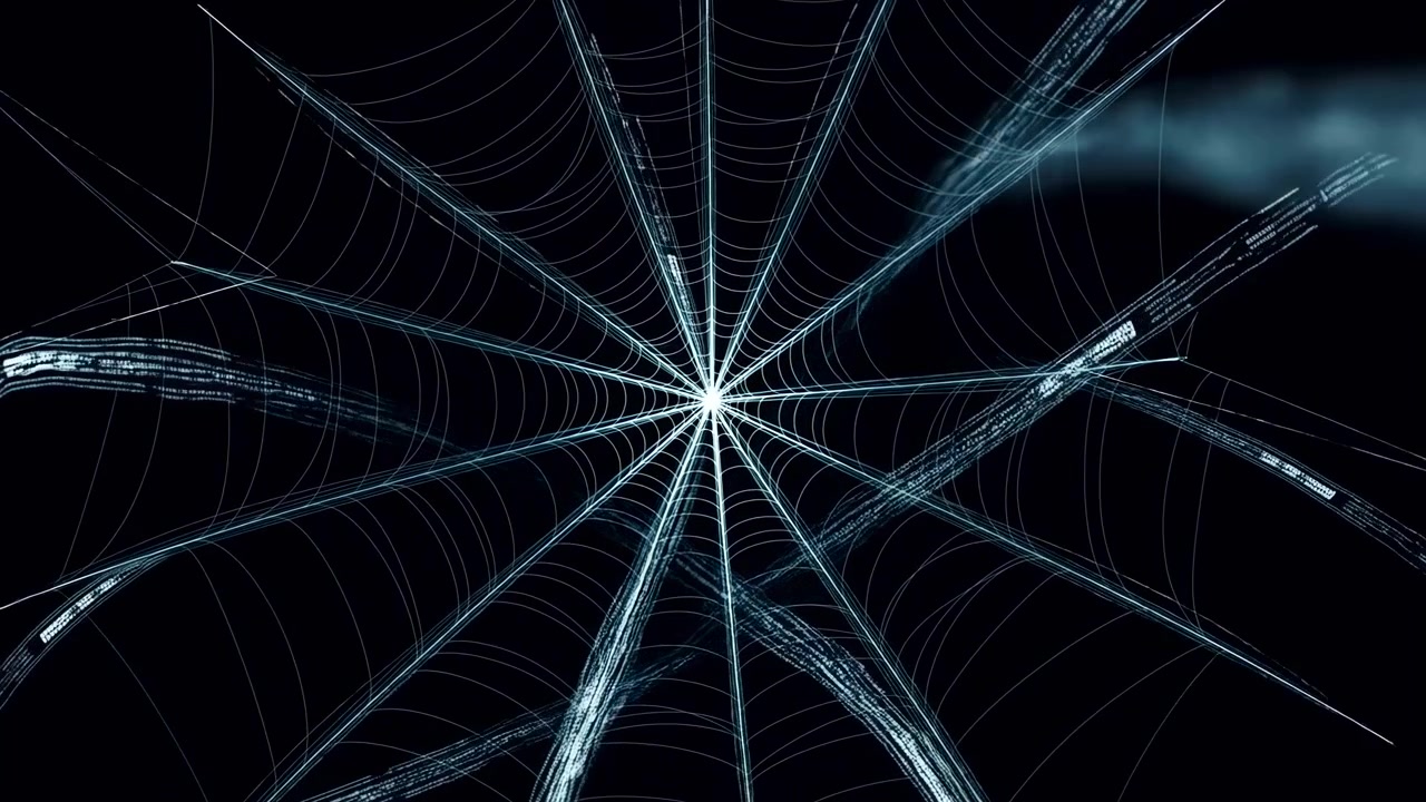 Glowing Filament Web Forming Neural Hub With Branching Pathways And Luminous Intersections On Black