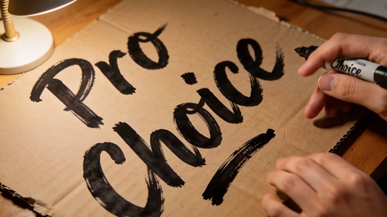 Mani che dipingono tracciano una linea sul cartone dopo aver scritto a mano vicino a una lampada usando un pennarello per sottolineare Pro Choice