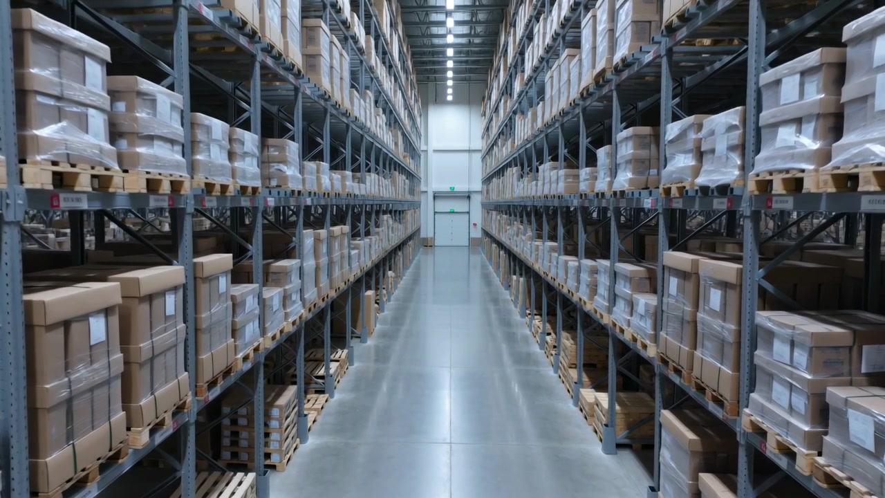 Telecamera in movimento che segue un corridoio di magazzino, mostrando scaffalature alte, pallet imballati e un'uscita di sicurezza.