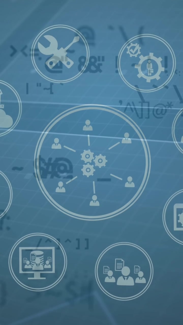 Animation of network of connections with icons and data processing over blue background