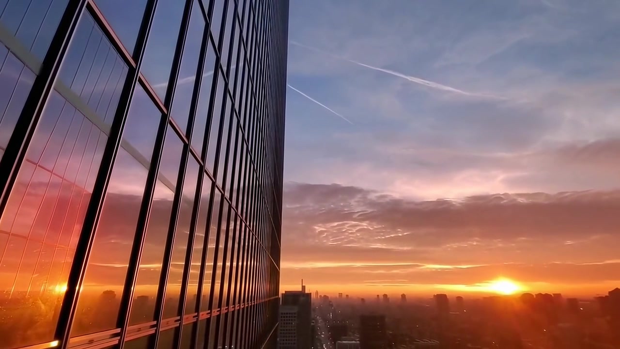 Céu Vibrante ao Pôr do Sol Refletido em um Arranha-céu Moderno de Vidro