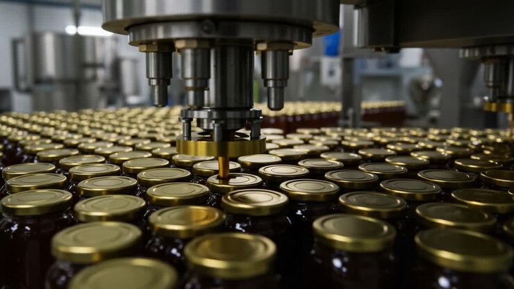 Linea di produzione automatizzata con barattoli di vetro con coperchi dorati, riempiti e sigillati in un ambiente di fabbrica, che utilizza in modo efficiente macchinari industriali