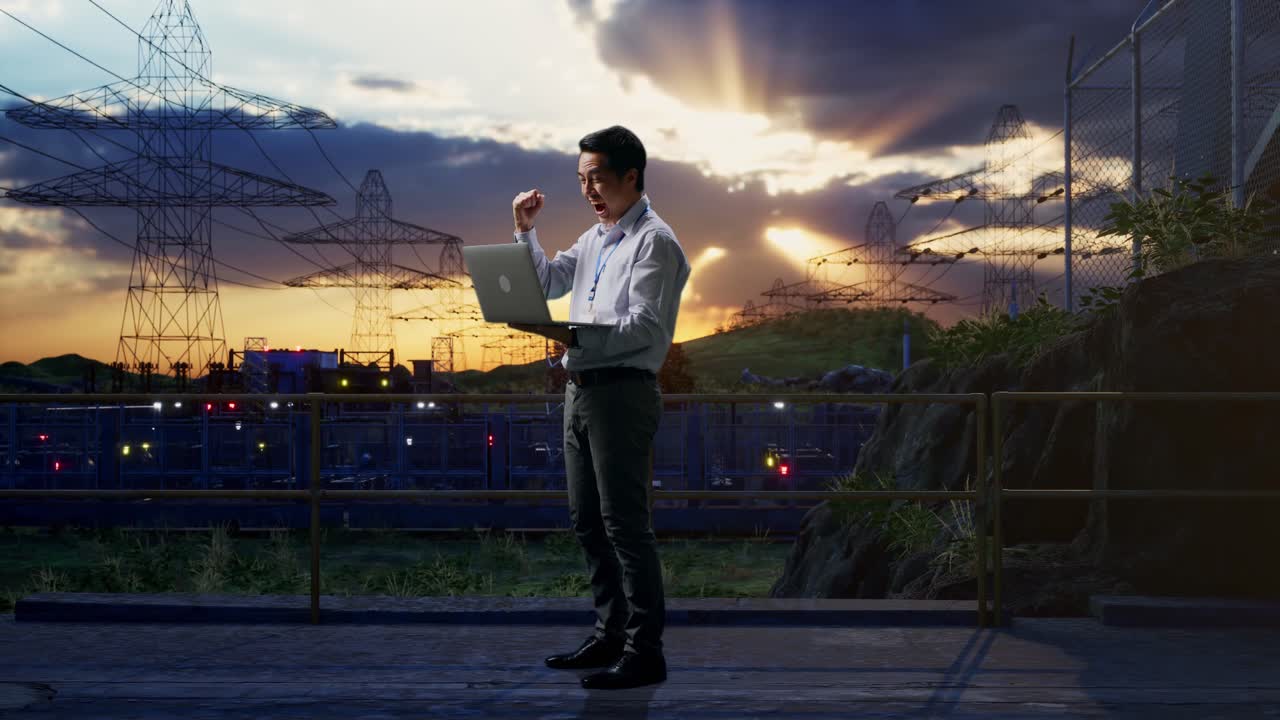 Full Body Side View Of An Asian Male Professional Worker Standing With His Laptop Near High Voltage Tower, Industrial Facility, He Raises His Fist Up With Screaming Goal After Typed On The Laptop