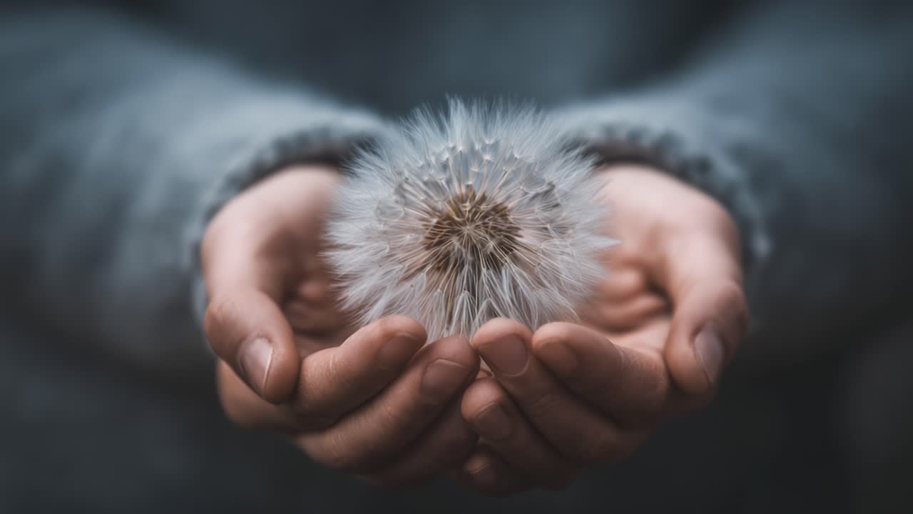 A Delicate Moment: Capturing the Beauty of a Dandelion Seedhead Held Gently Between Two Hands, Symbolizing Nature's Fragility and Wonder
