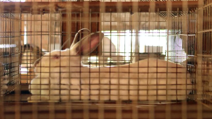 Bunny inside cage in 4K. Domesticated rabbit inside organic farm. Animal behind bars