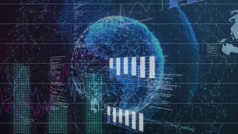 Animation-of-network-of-connections-with-globe-and-data-processing-on-black-background