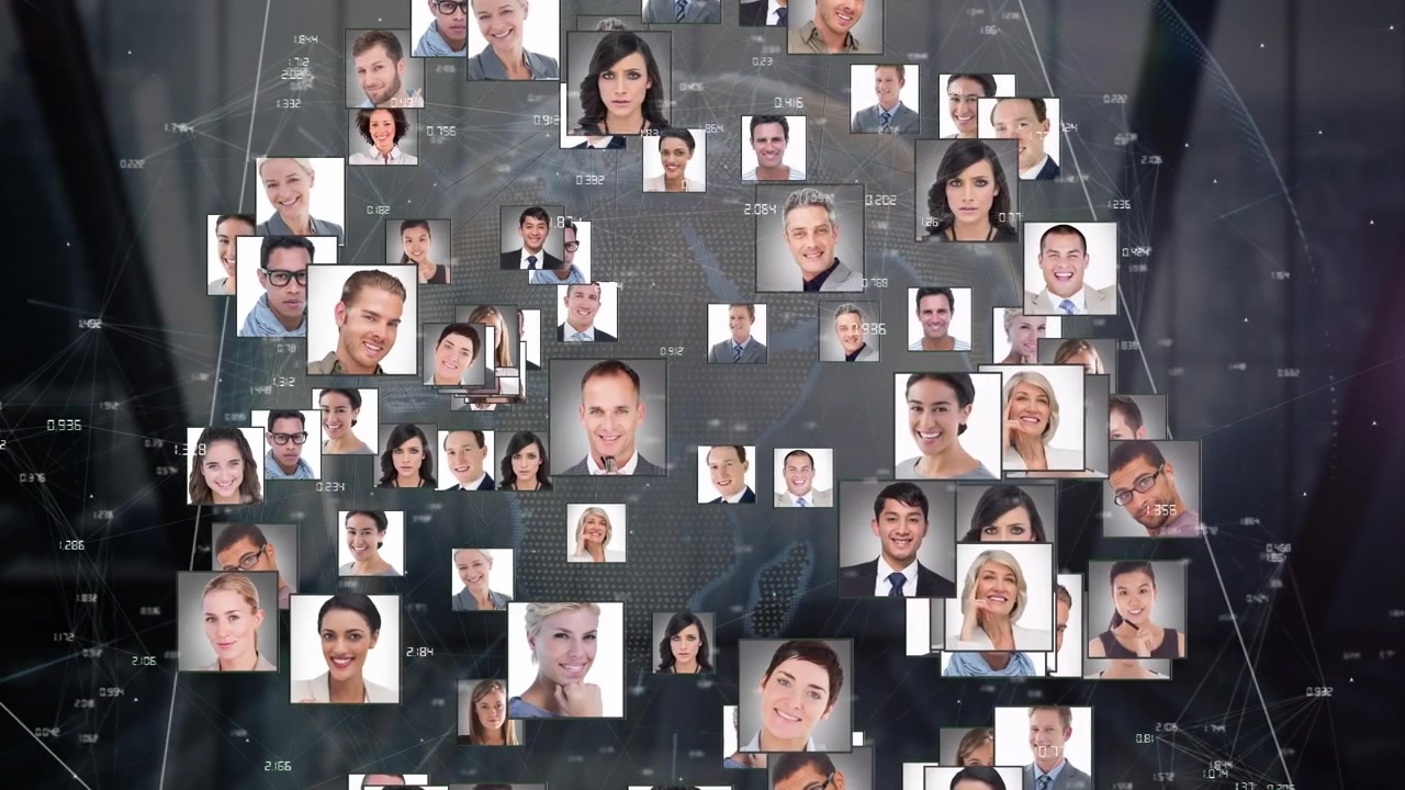 Animazione di forme viola su icone di persone diverse e una rete di connessioni
