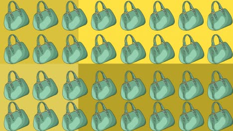 animation of blue handbags repeated and moving on yellow and purple background