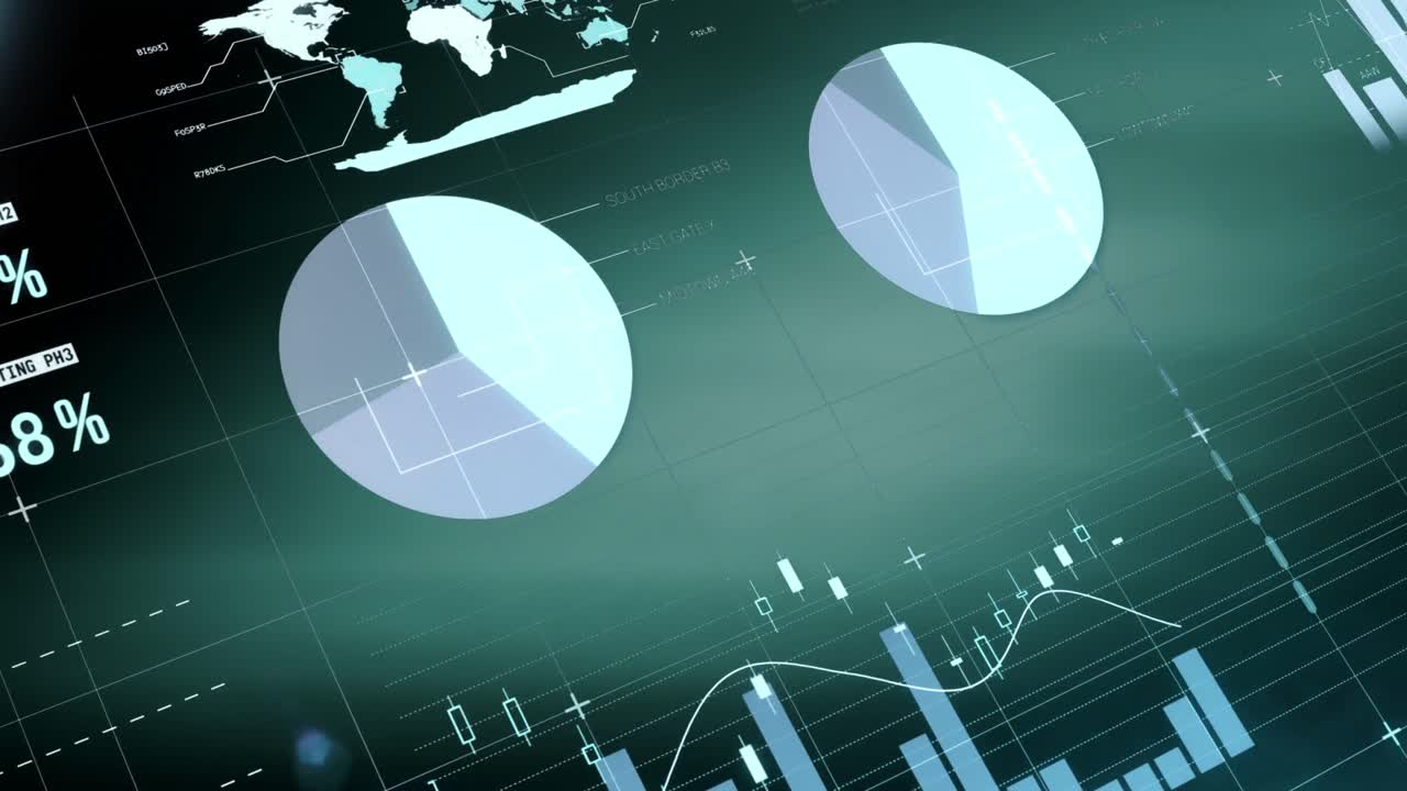 Animation of statistics and data processing over green background