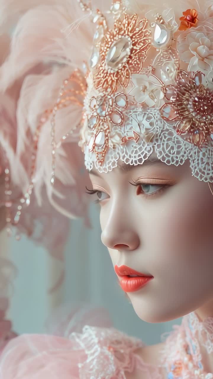 Vertical video: Close-up showing model wearing headpiece in studio showcasing detail, copy space