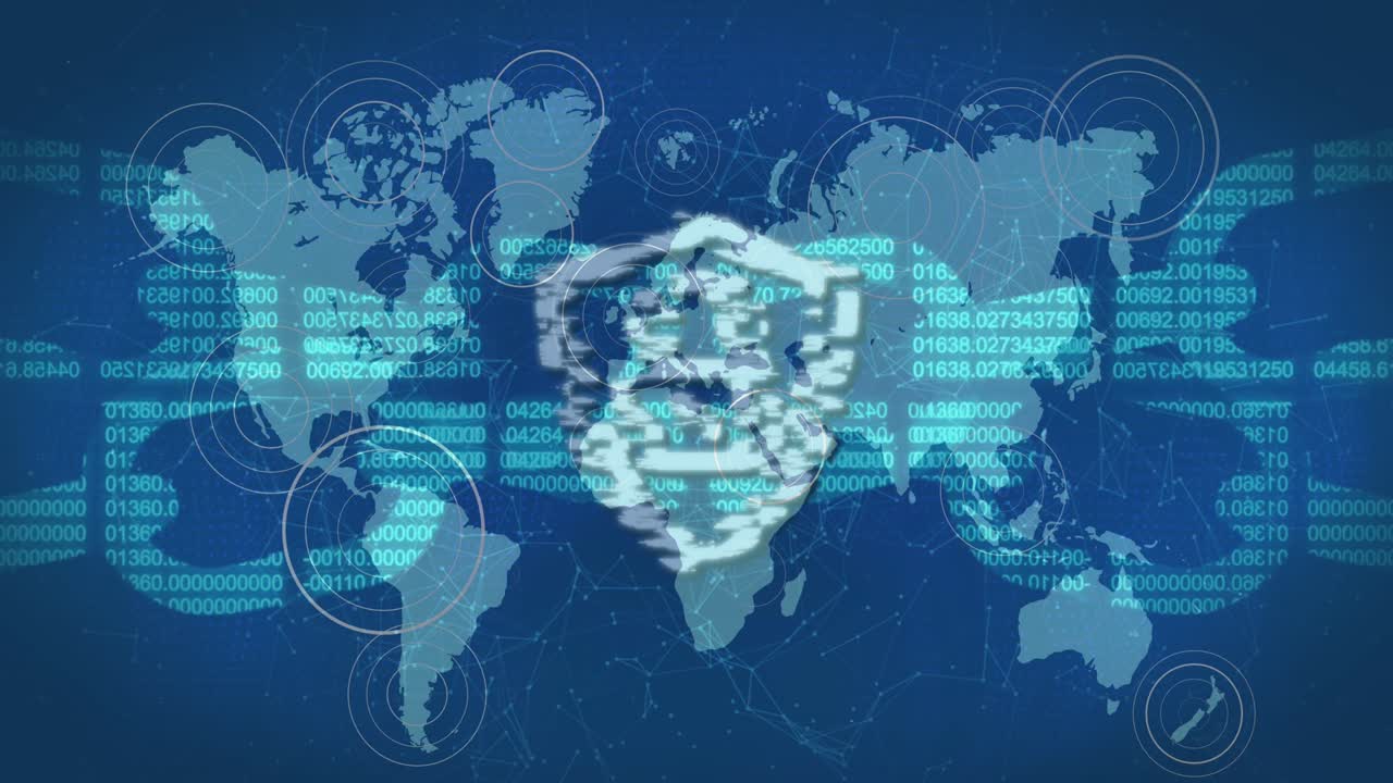 Cyber security padlock and chain against pulsating circles over world map on blue background