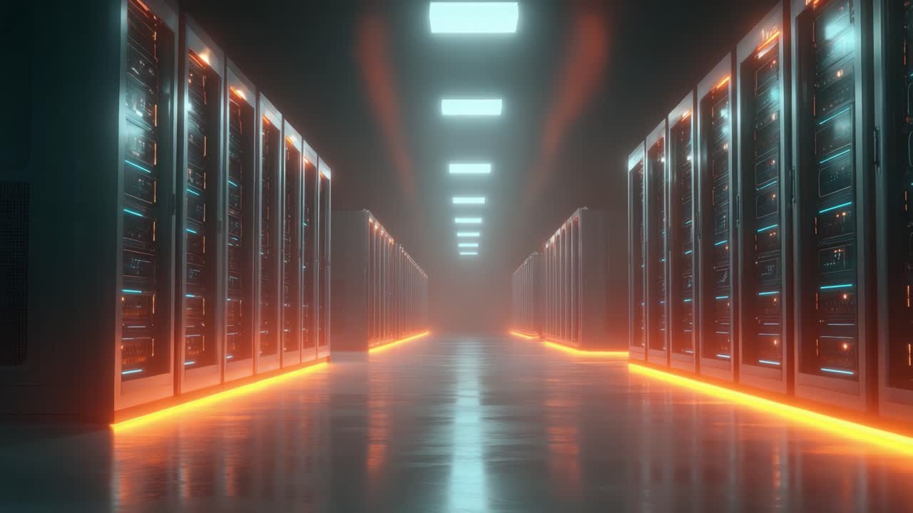 Udforskning af et futuristisk datacenter: En rejse gennem digital infrastruktur i et højteknologisk miljø med et levende skær af LED-lys, der inviterer til innovation