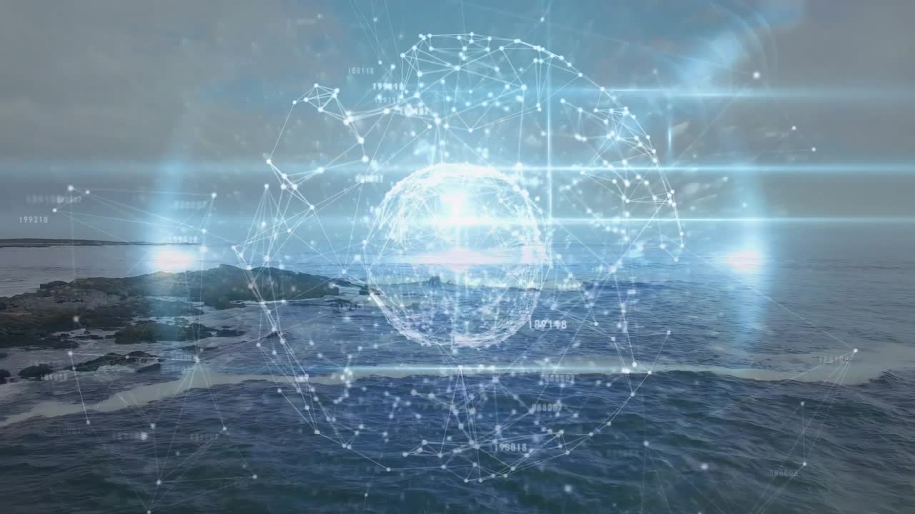 Glowing nodes appearing, building 3D data sphere over calm dawn sea, visualizing network complexity