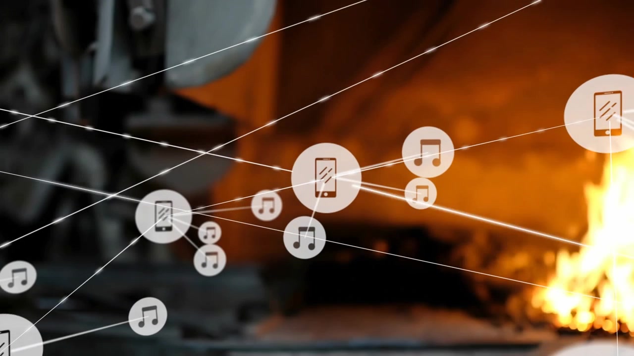 Animation of network of connections with icons over caucasian man on smartphone