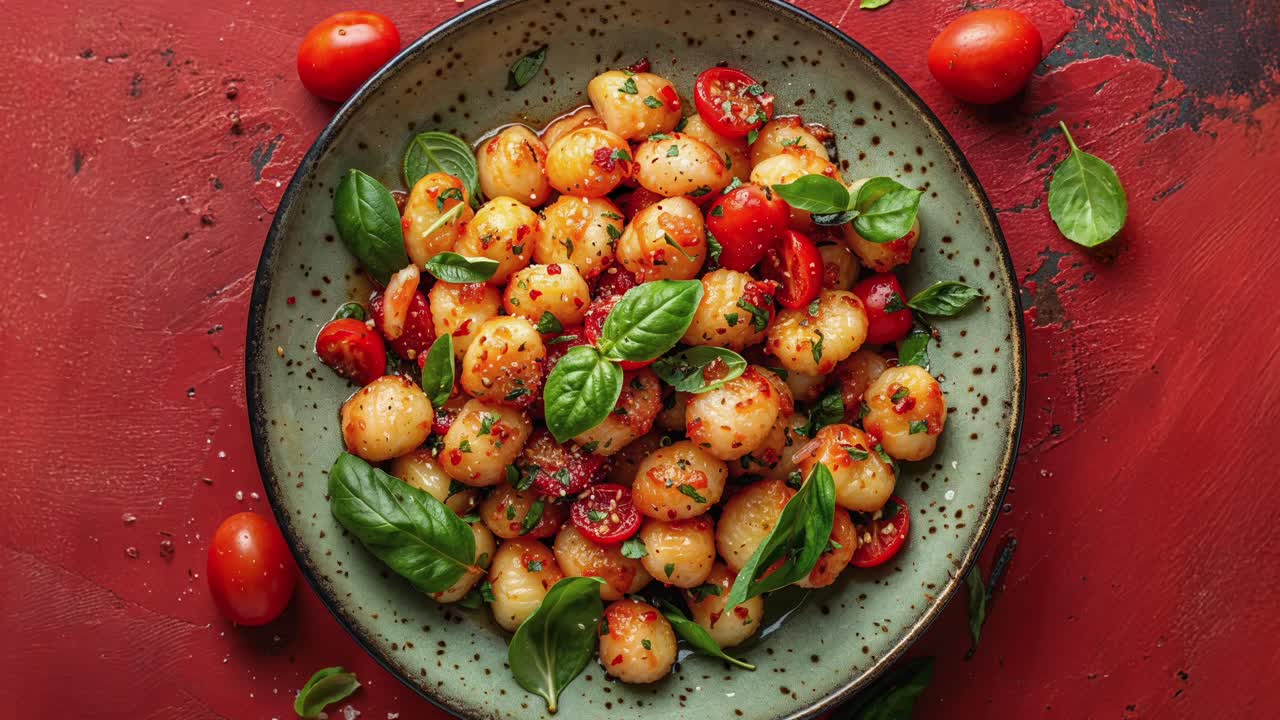 Deliziosi gnocchi con pomodori freschi di ciliegio e basilico