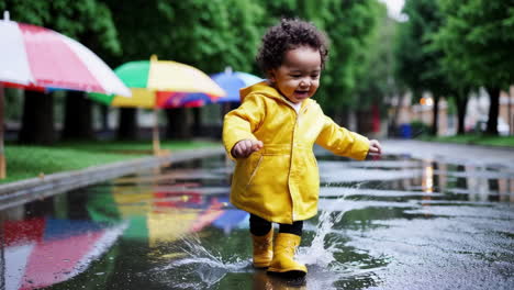 happy child splashing in a puddle wearing a yellow raincoat