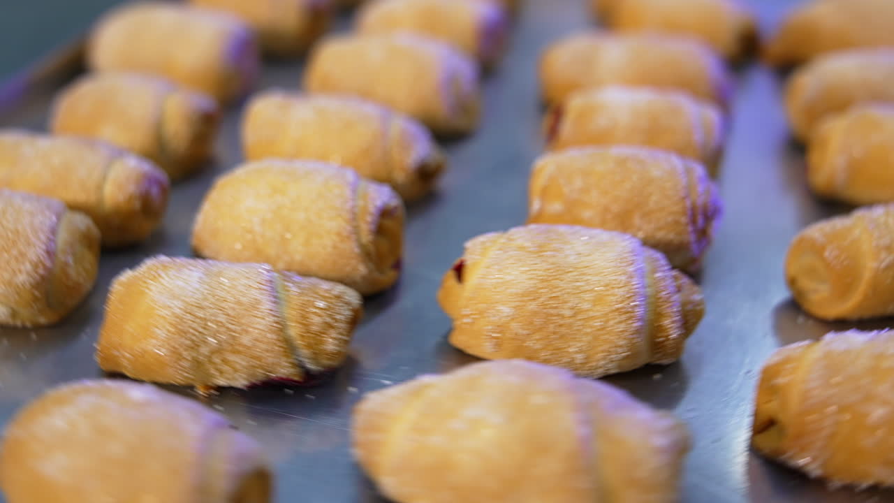Savory delicious little croissants sprinkled with sugar at baking sheet. Tray full of desserts on a turning table. Close up.