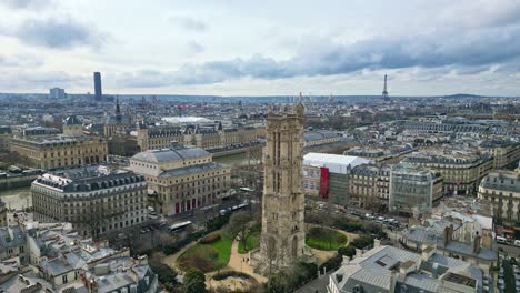 aerial view about the sébastopol square with in the backgound tour montparnasse and eiffel tower, paris, france