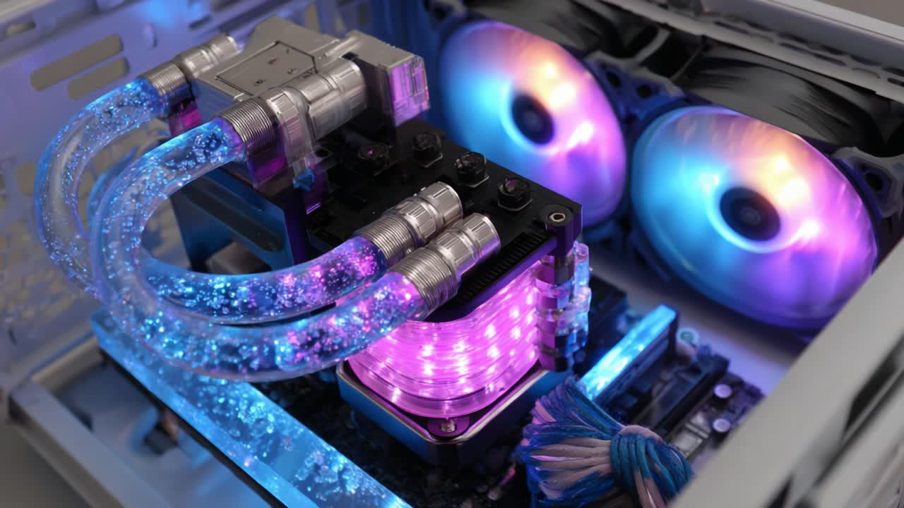 A Stunning Display of Custom Computer Cooling with Colorful LED Lighting and Fluid Dynamics in an Advanced Gaming PC Setup
