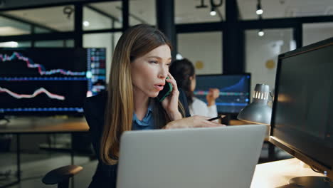 Mujer-De-Negocios-Financiera-Hablando-Móvil-A-La-Luz-De-La-Lámpara.-Consulta-Exitosa-Con-El-Gerente