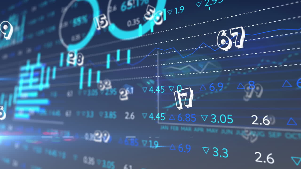 animación de números flotando sobre el procesamiento de datos estadísticos y bursátiles sobre fondo azul