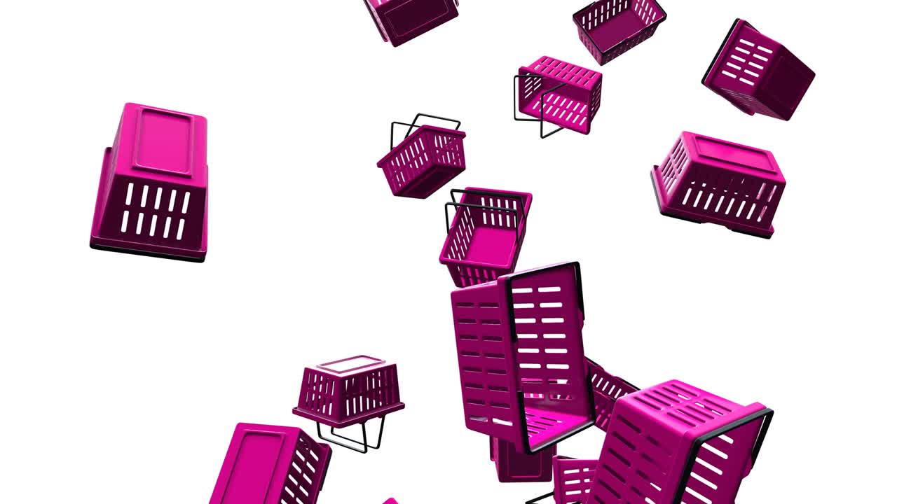 색 배경에 보라색 플라스틱 쇼핑 바구니.