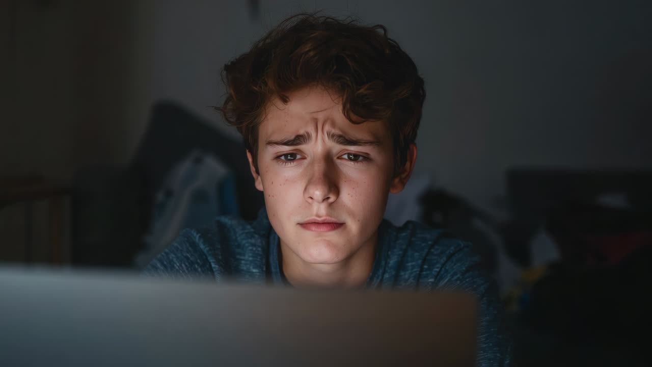 Leaning teen in teal shirt at bedroom desk, laptop glow drawing focus and showing concern