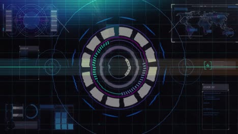 animación de la cerradura giratoria de la caja fuerte y procesamiento de datos en pantalla negra con interferencias y destellos