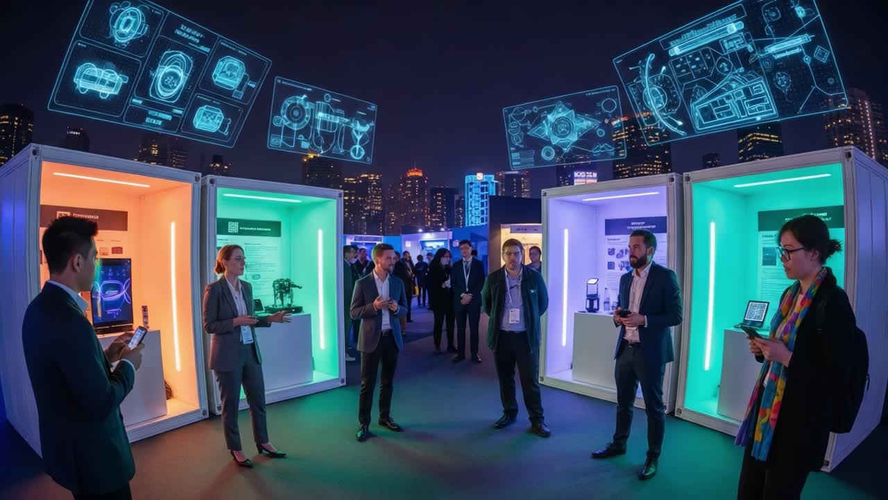 A Dynamic Showcase of Innovation and Technology in Smart Containers Under City Lights, Featuring Engaged Participants in a Modern Exhibition Environment