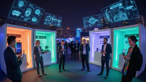 a dynamic showcase of innovation and technology in smart containers under city lights, featuring engaged participants in a modern exhibition environment